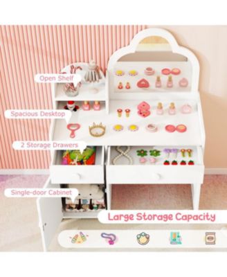 Kids Vanity Table with Cloud Mirror, Chair, and Open Shelf for Bedroom or Playroom