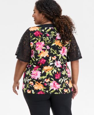 Plus Size Printed Lace-Trimmed Top, Exclusively at Macy's