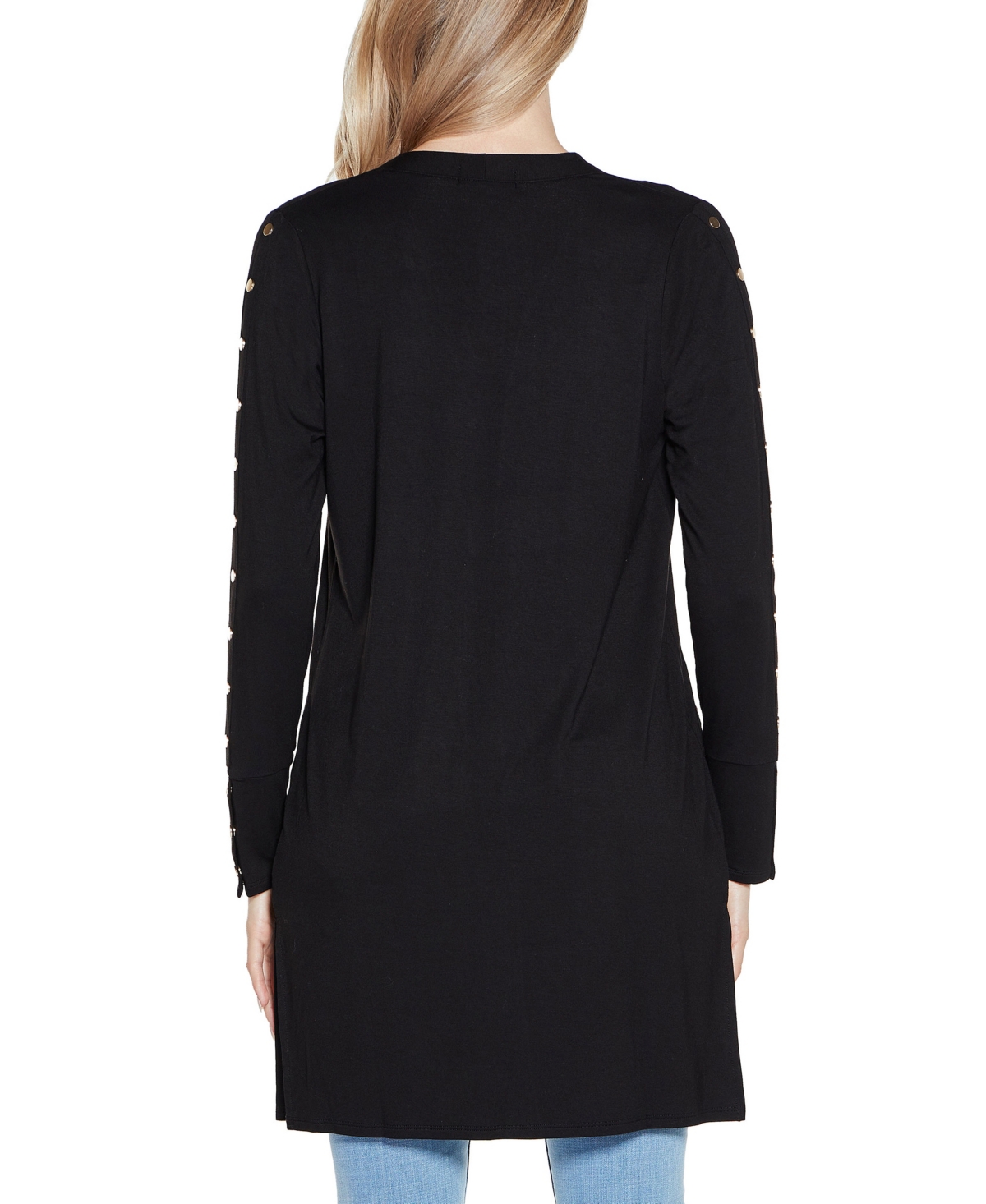 Belldini Women's Embellished Sleeve Knit Open Cardigan Top In Black