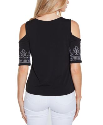 Women's Embroidered Cold-Shoulder Knit Top