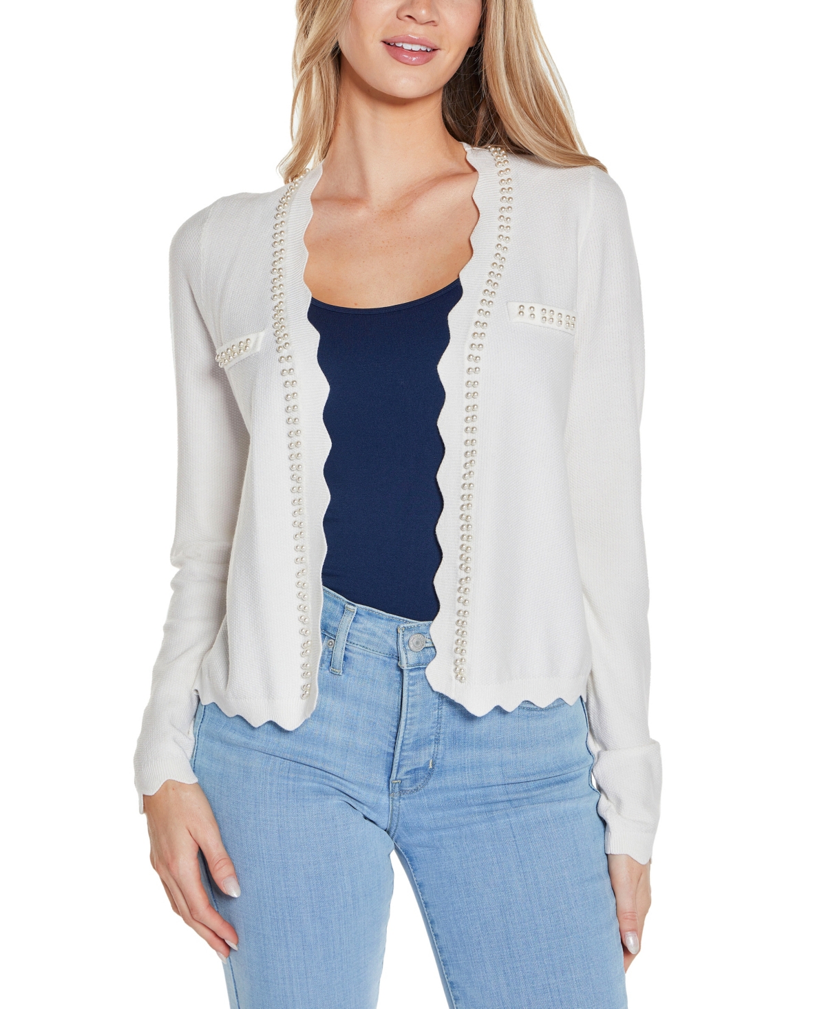 Women's Imitation-Pearl-Trim Open Cardigan Sweater - Ivory