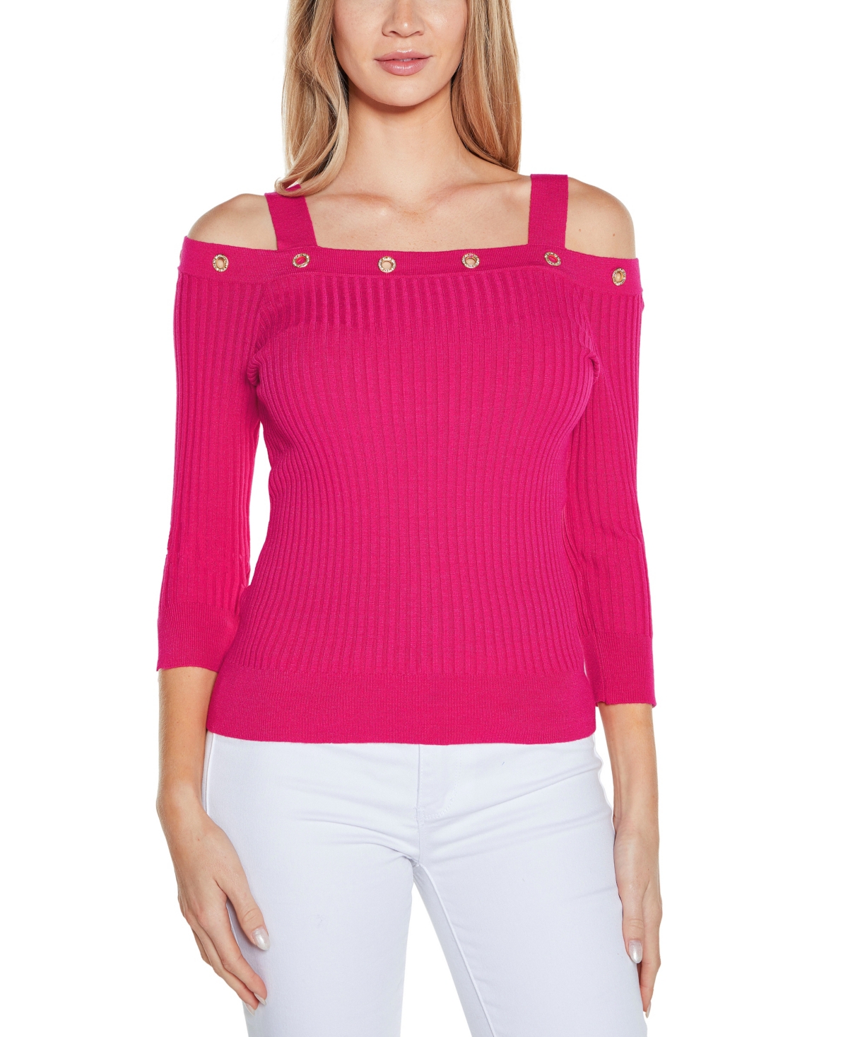 Shop Belldini Women's Rhinestone Grommet Cold-shoulder Sweater In Pomegranate Punch