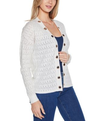 Women's Pointelle and Grommet Open Cardigan Sweater