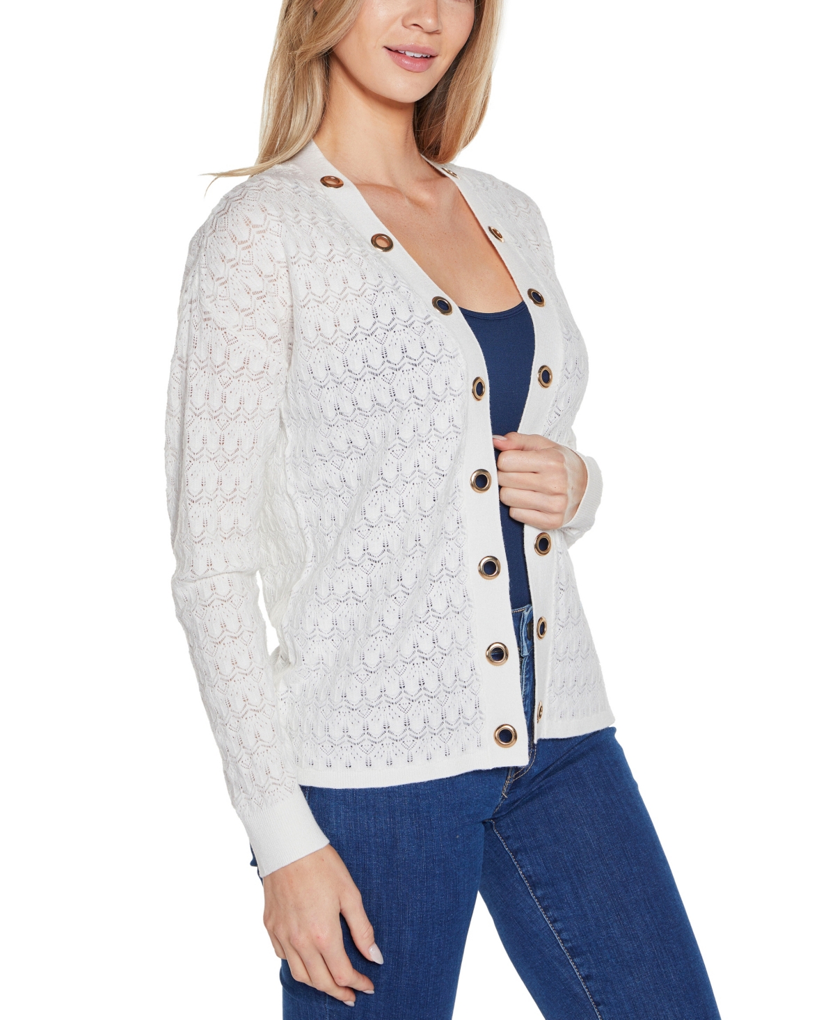 Shop Belldini Women's Pointelle And Grommet Open Cardigan Sweater In Ivory Multi