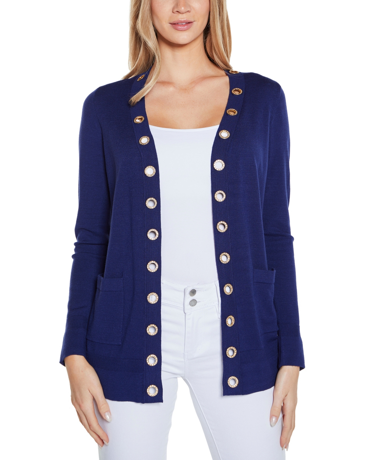Shop Belldini Women's Rhinestone Grommet Open-front Cardigan Sweater In Twilight Blue