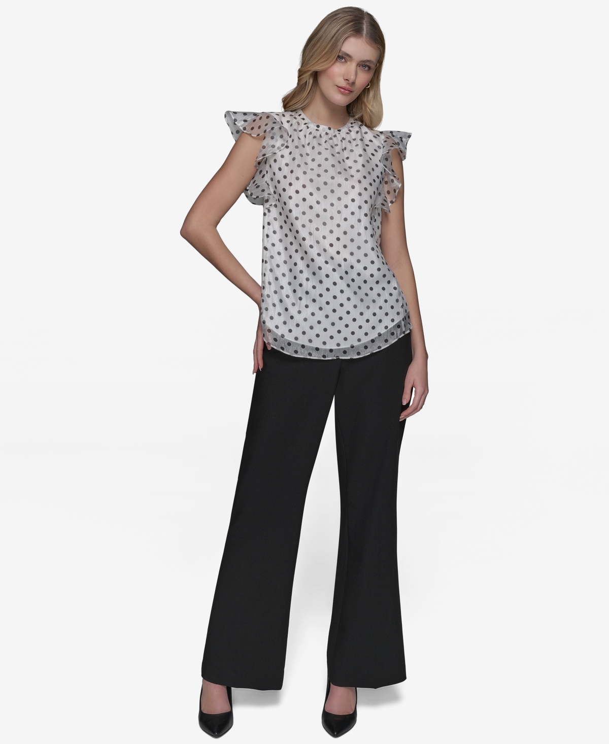Shop Karl Lagerfeld Women's Dot-print Organza Flutter-sleeve Blouse In Black,soft White