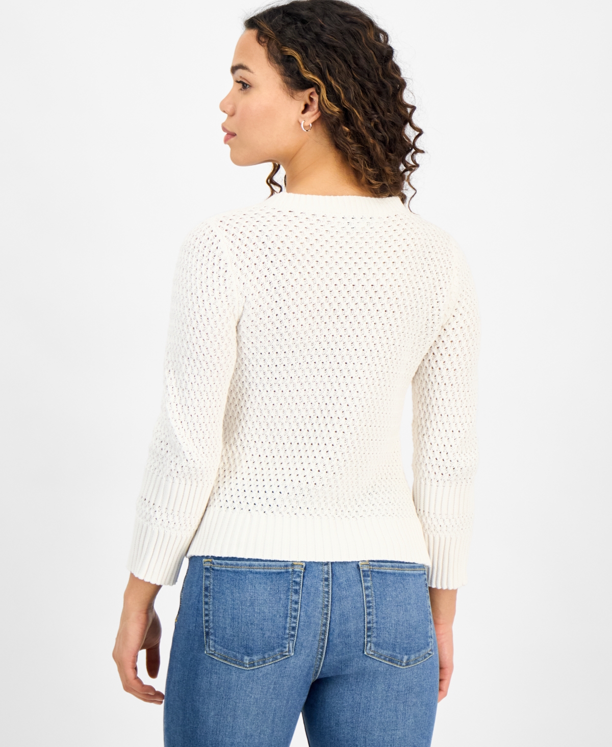 DKNY JEANS PETITE COTTON OPEN-STITCH VENTED-HEM SWEATER 