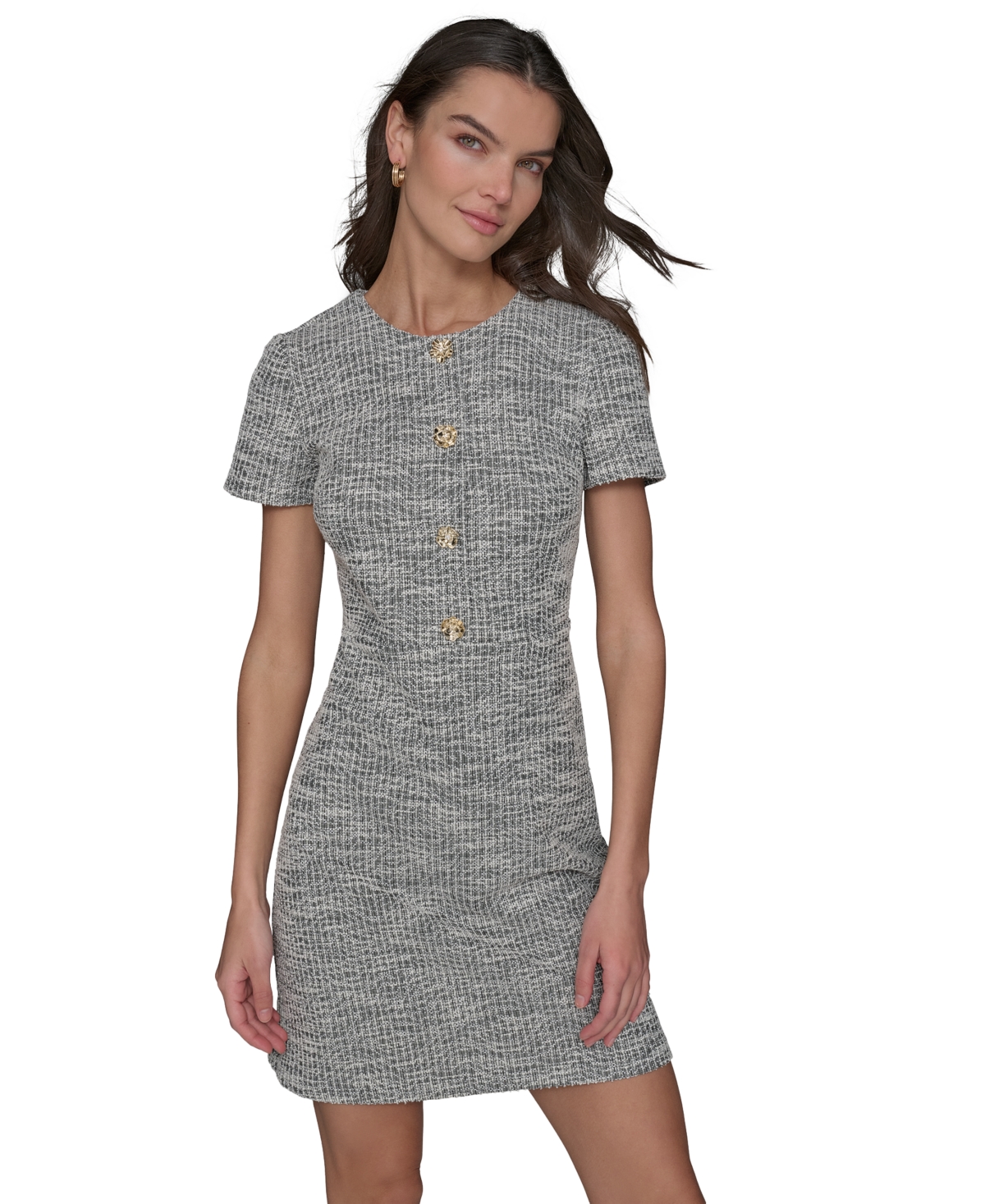Karl Lagerfeld Women's Tweed Crewneck Short-sleeve Sheath Dress In Gray