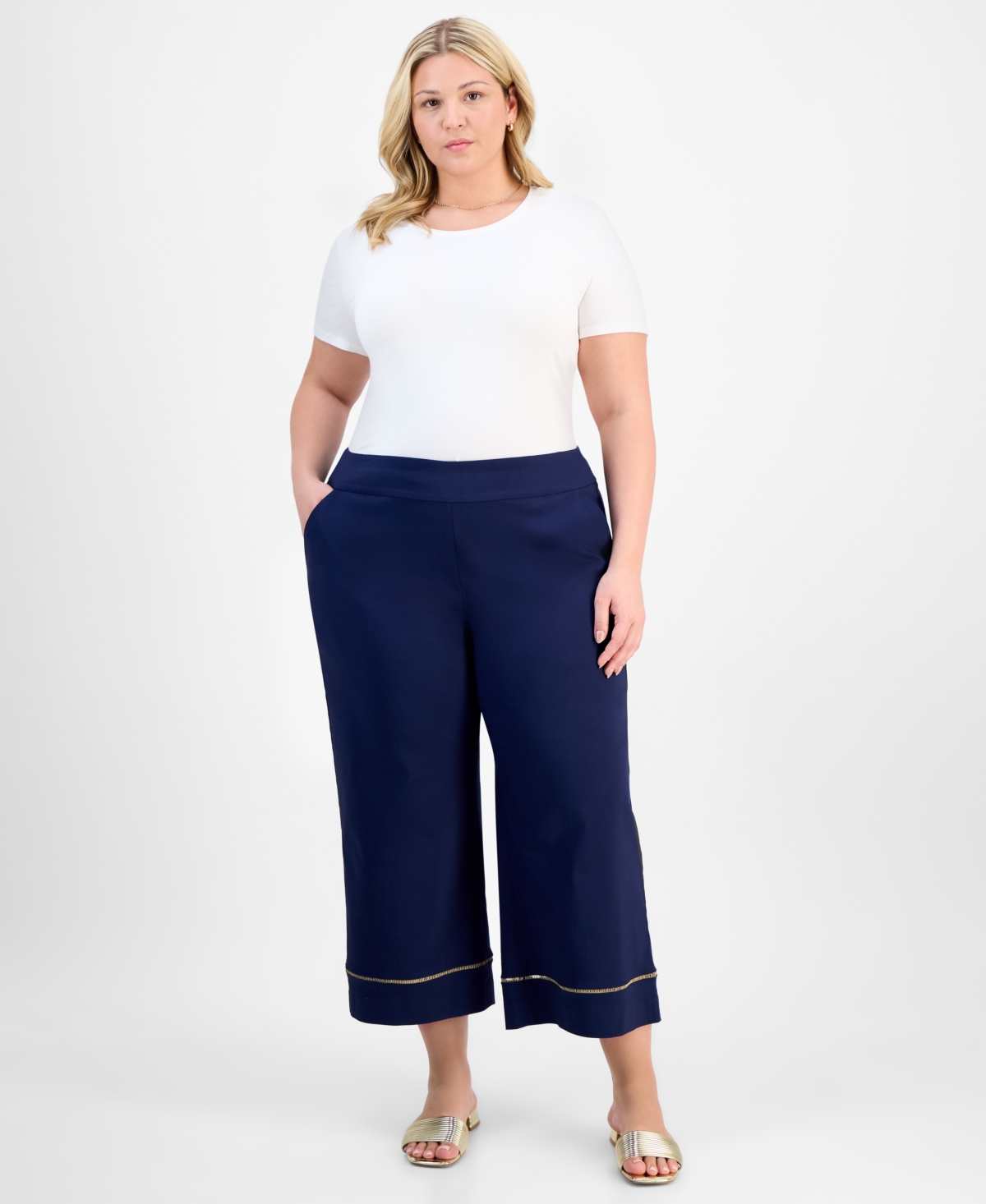 JM COLLECTION PLUS SIZE LADDER-TRIM PULL-ON CAPRI PANTS, EXCLUSIVELY AT MACY'S 