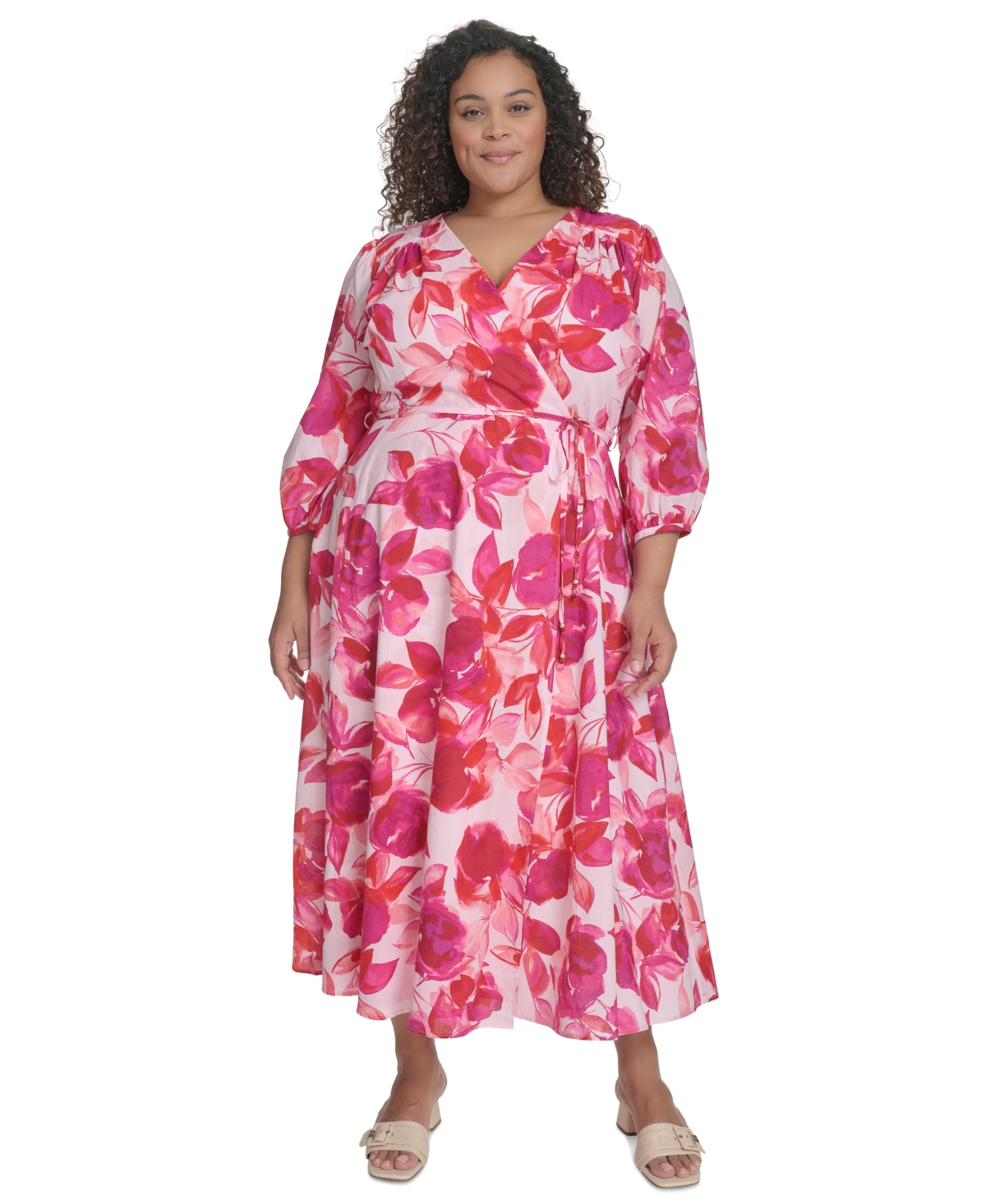 Shop Calvin Klein Plus Size Cotton Floral-print Midi Dress In Hibiscus Multi