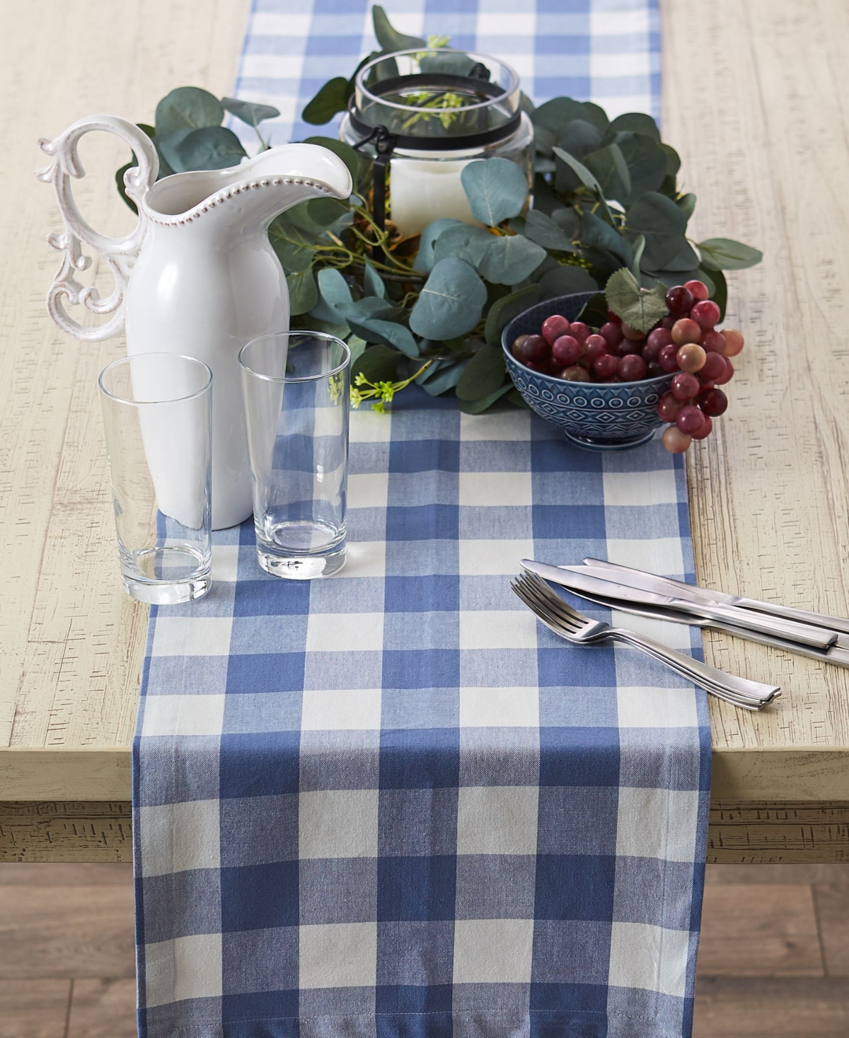 Design Imports Buffalo Check Table Runner, 14" X 72" In Stonewash Blue
