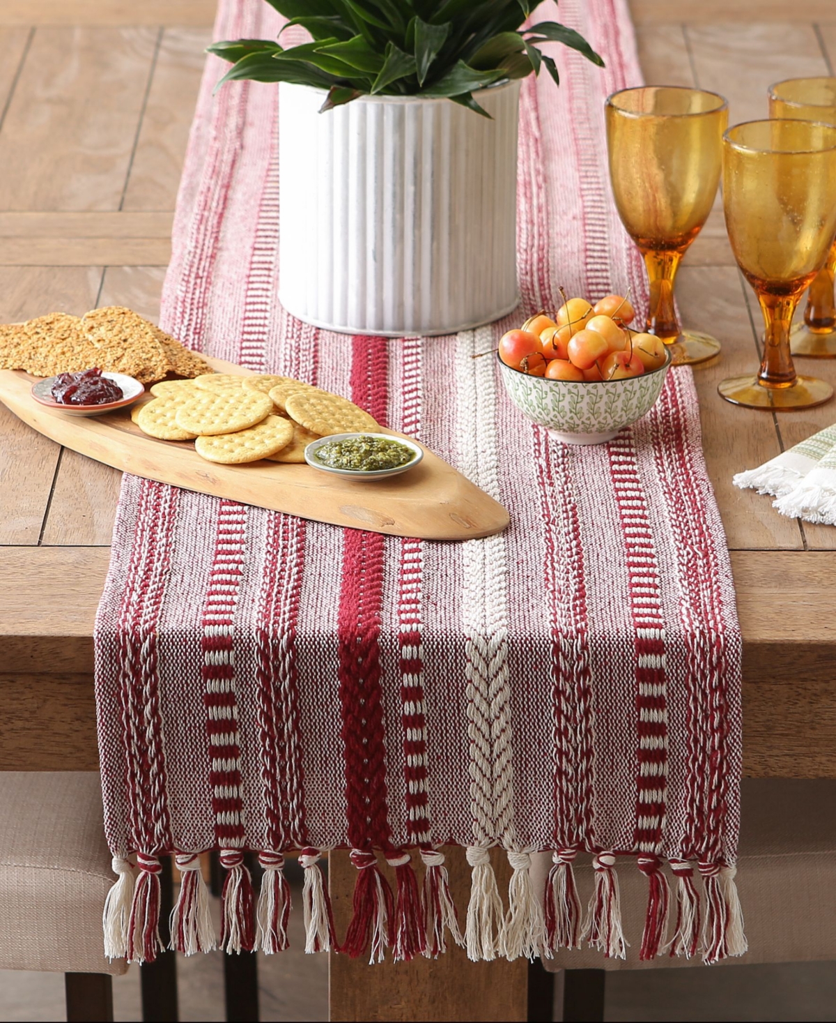 Design Imports Braided Stripe Jacquard Fringe Table Runner, 15" X 108" In Barn Red