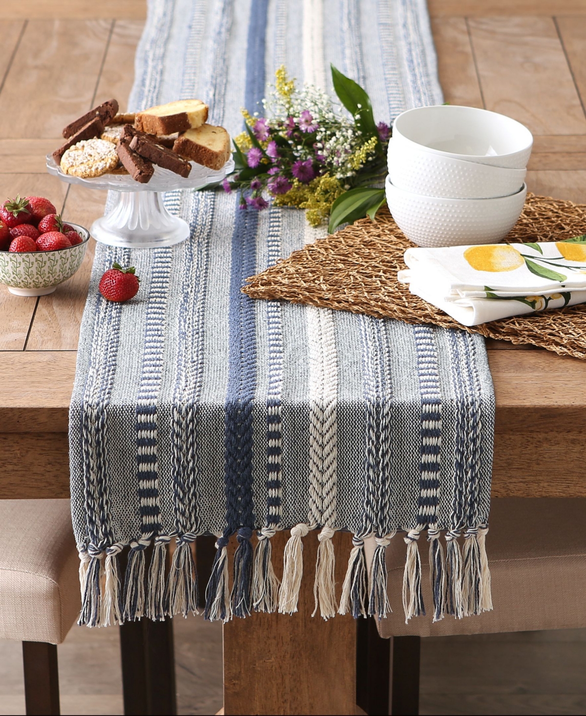 Design Imports Braided Stripe Jacquard Fringe Table Runner, 15" X 108" In French Blue