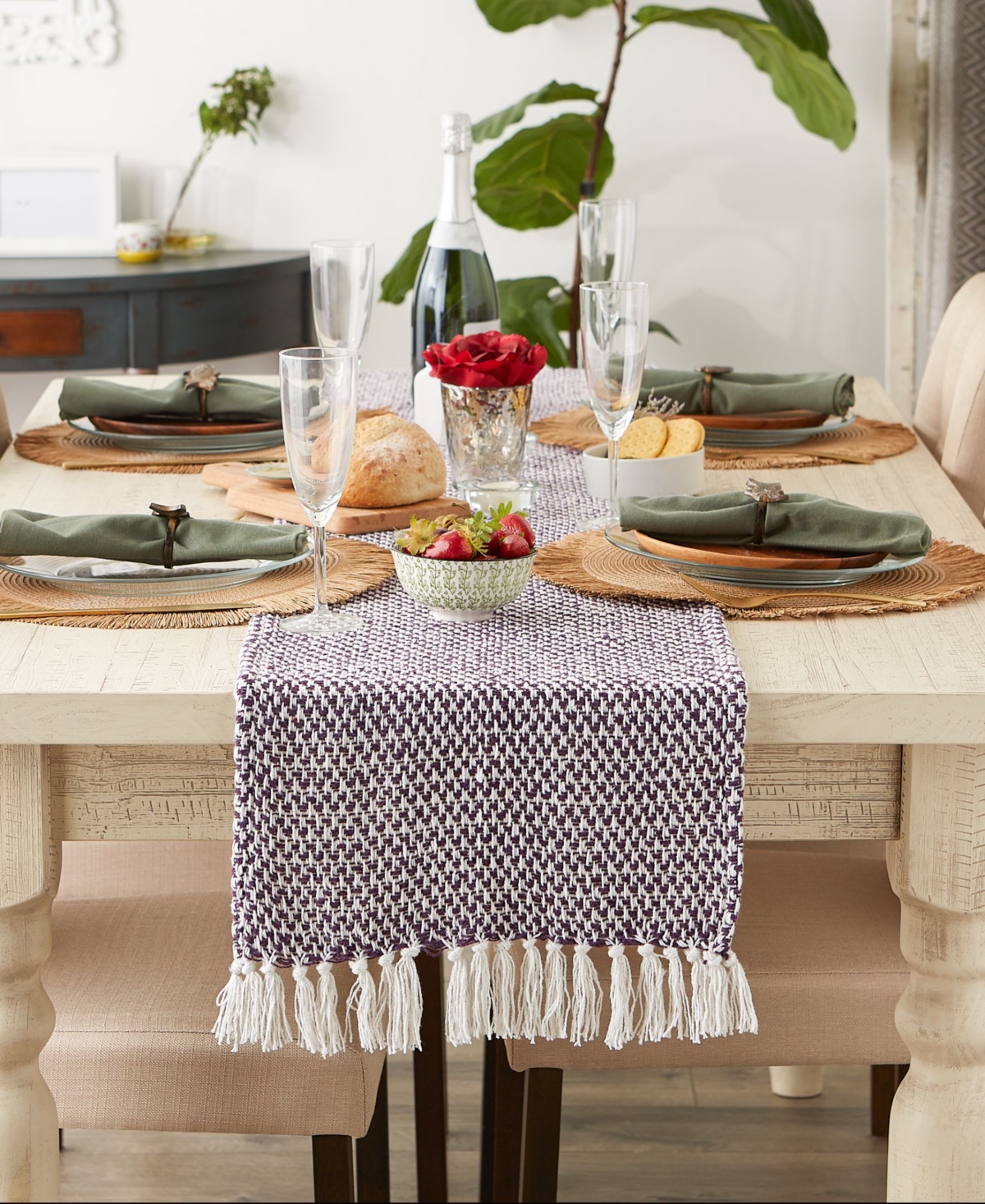 Design Imports Woven Jacquard Fringe Table Runner, 15" X 72" In Eggplant