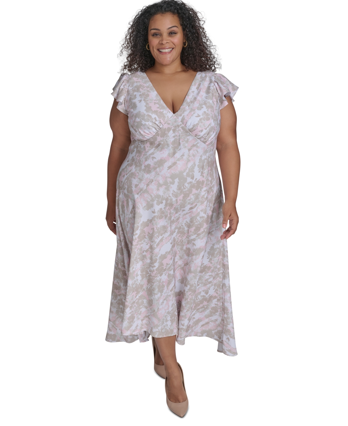 CALVIN KLEIN PLUS SIZE PRINTED FLUTTER-SLEEVE MAXI DRESS 