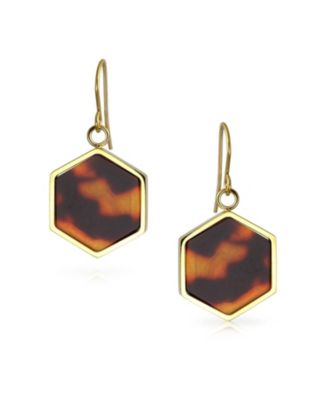 Hexagon Brown Tortoise Shell Dangle Earrings Gold Plated Stainless Steel