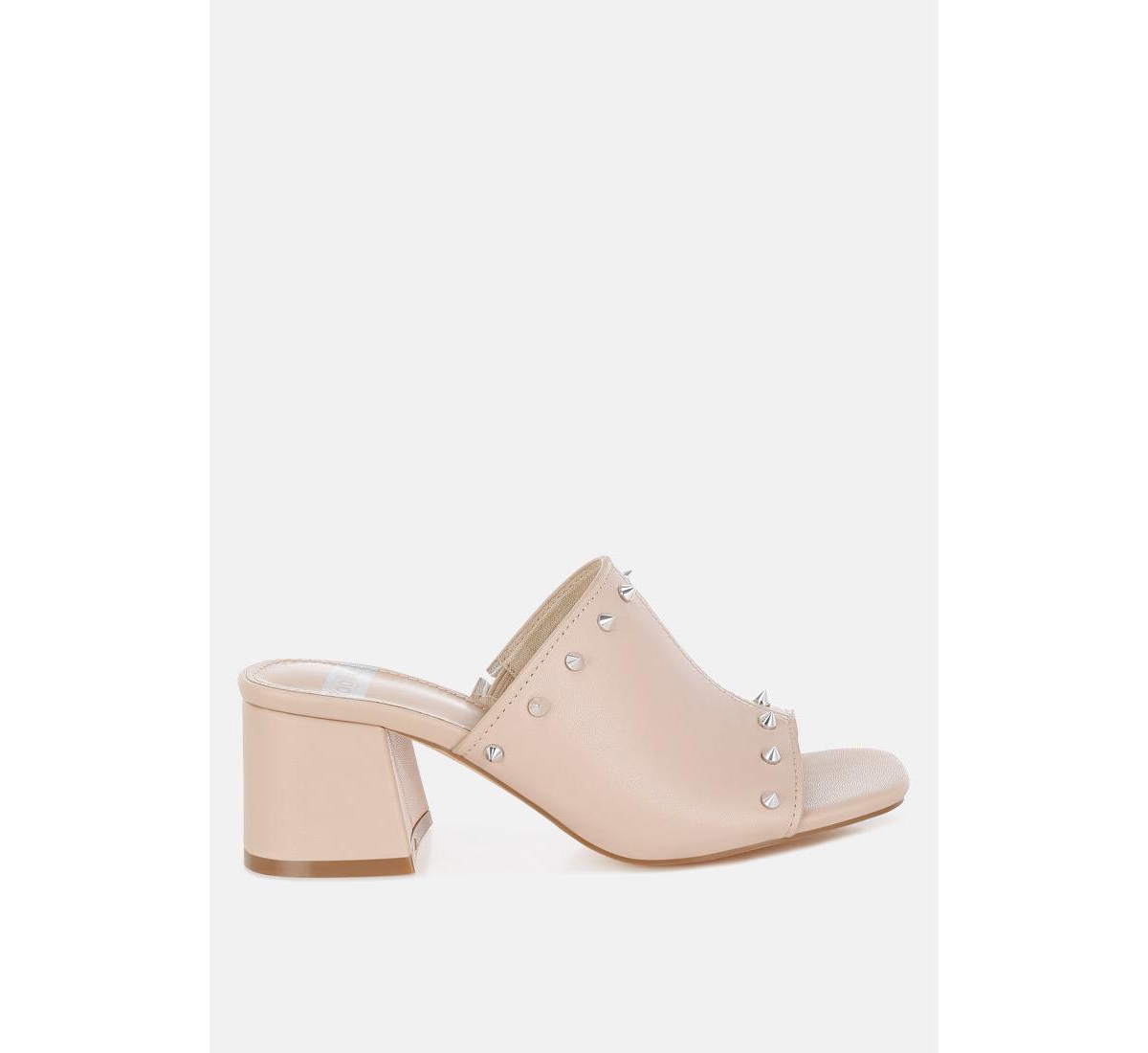 Lomela Stud Embellished Block Heel Mules - Beige