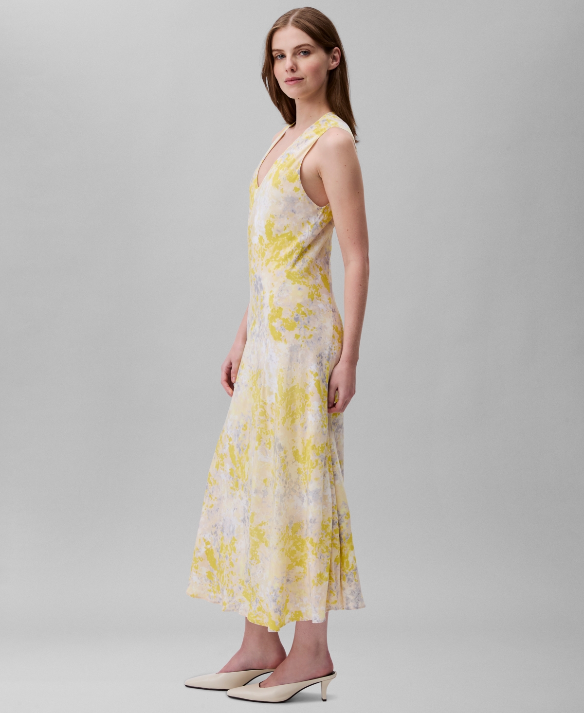 Shop Calvin Klein Women's Abstract-print V-neck Midi Dress In Formal Grey