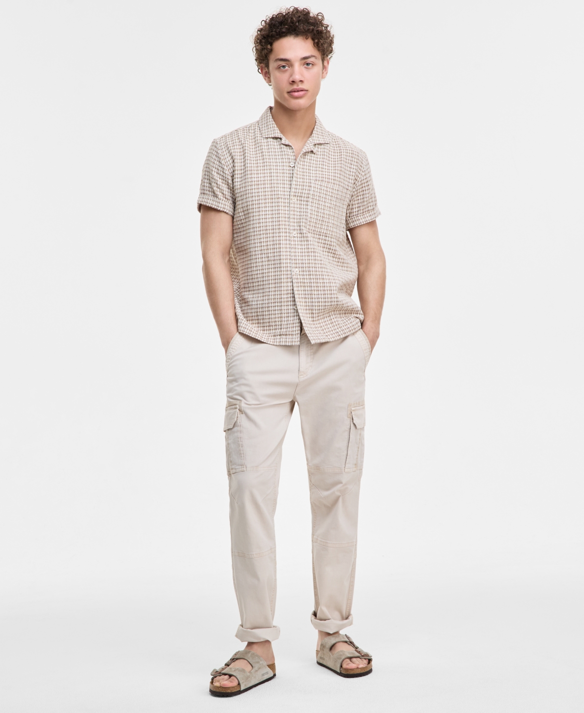 Sun + Stone Men's Hovey Textured Check Shirt, Exclusively At Macy's In Hummus