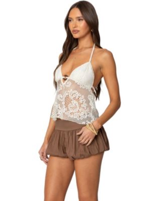 Womens Sheer Crochet Babydoll Halter Top
