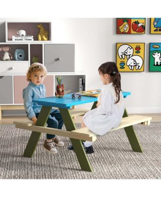 Kids Wooden Picnic Table Set Solid Dining Table with Built-in Benches for Patio