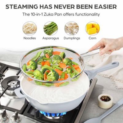 Zuka Everyday Pan 3.25 Qt. Ceramic 10 in 1 Nonstick Multi-Functional Saute Pan with Lid, Nylon Spoon, & Steamer Basket