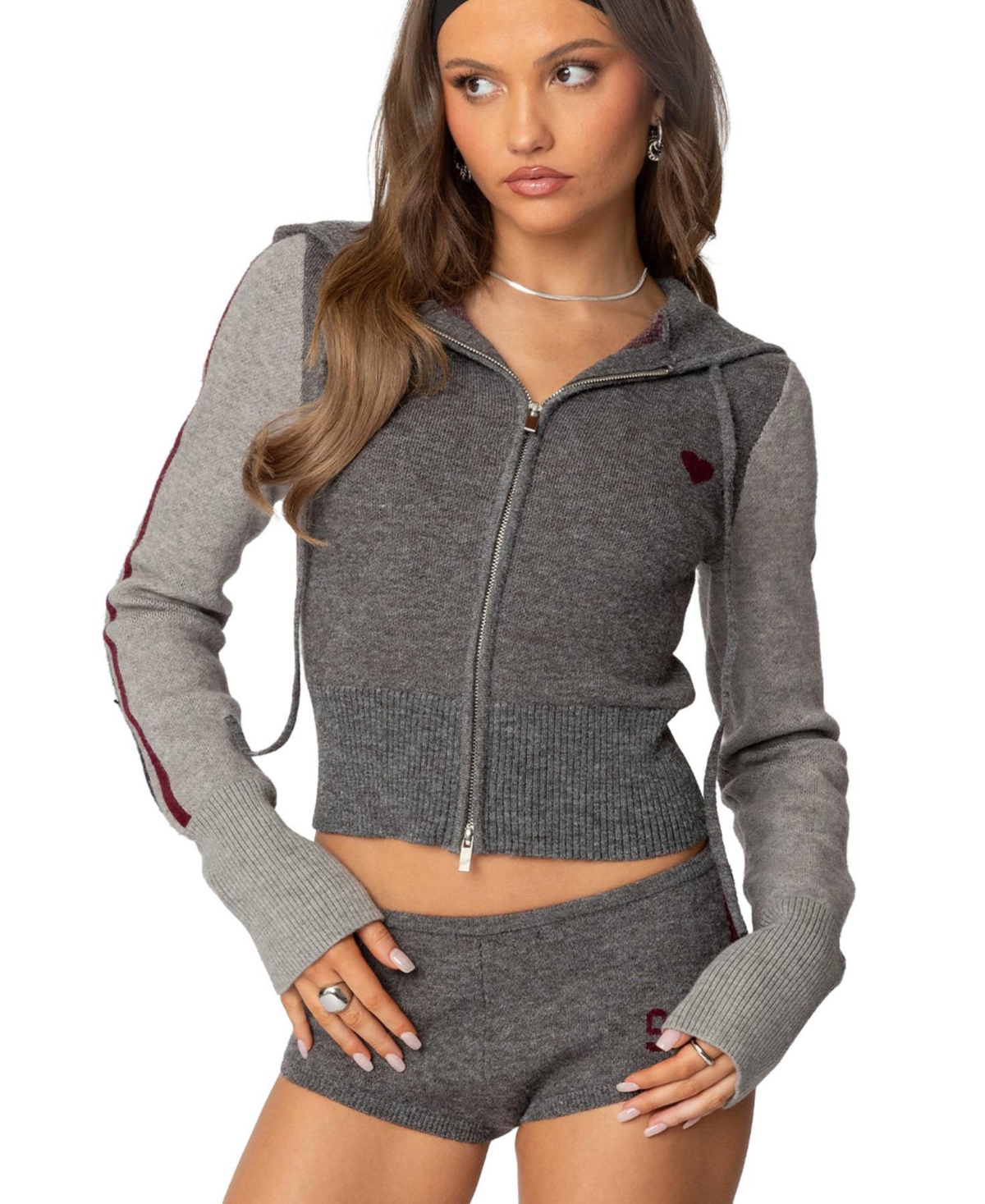 Womens Heart Knit Zip Up Hoodie - Gray