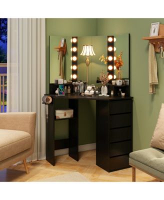 Corner Vanity Desk with 3-Color LED Lighted Mirror & Power Outlet Stylish Makeup Desk for Bedroom