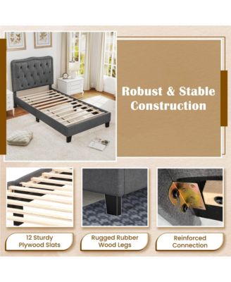 Twin Size Bed Frame with 46" Tall Button Tufted Headboard Wooden Slats Support