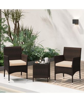 3 PCS Outdoor Conversation Set w/ Cushioned Seat & Tempered Glass Tabletop