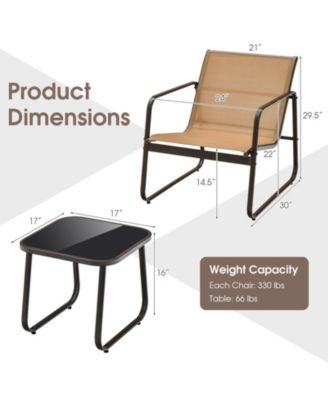 3PCS Conversation Set Outdoor Metal Chair & Table Tempered Glass Top Patio