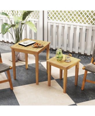 2 Pieces Space Saving Design Teak Wood Outdoor Patio Nesting Table