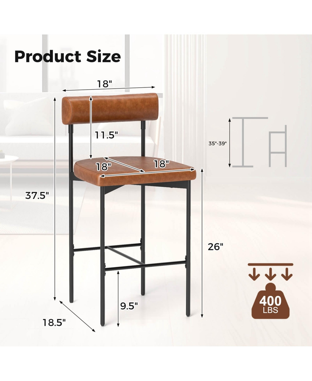 26" Upholstered Bar Stools Set of with Padded Cushion & Backrest Footrest