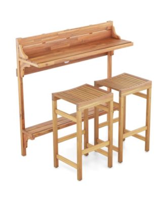 3 Pieces Patio Acacia Wood Bar Table Set with Footrest Curved Wood Seat