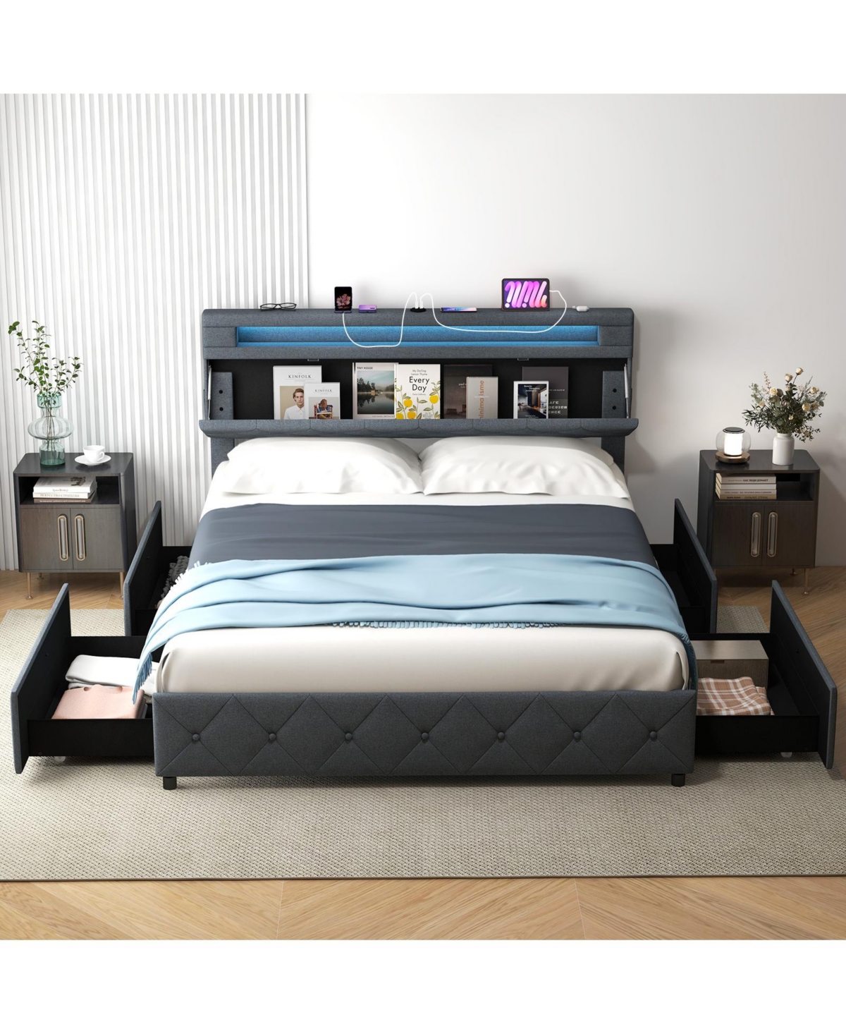 Bed Frame with Adjustable Storage Headboard Wooden Slat Support