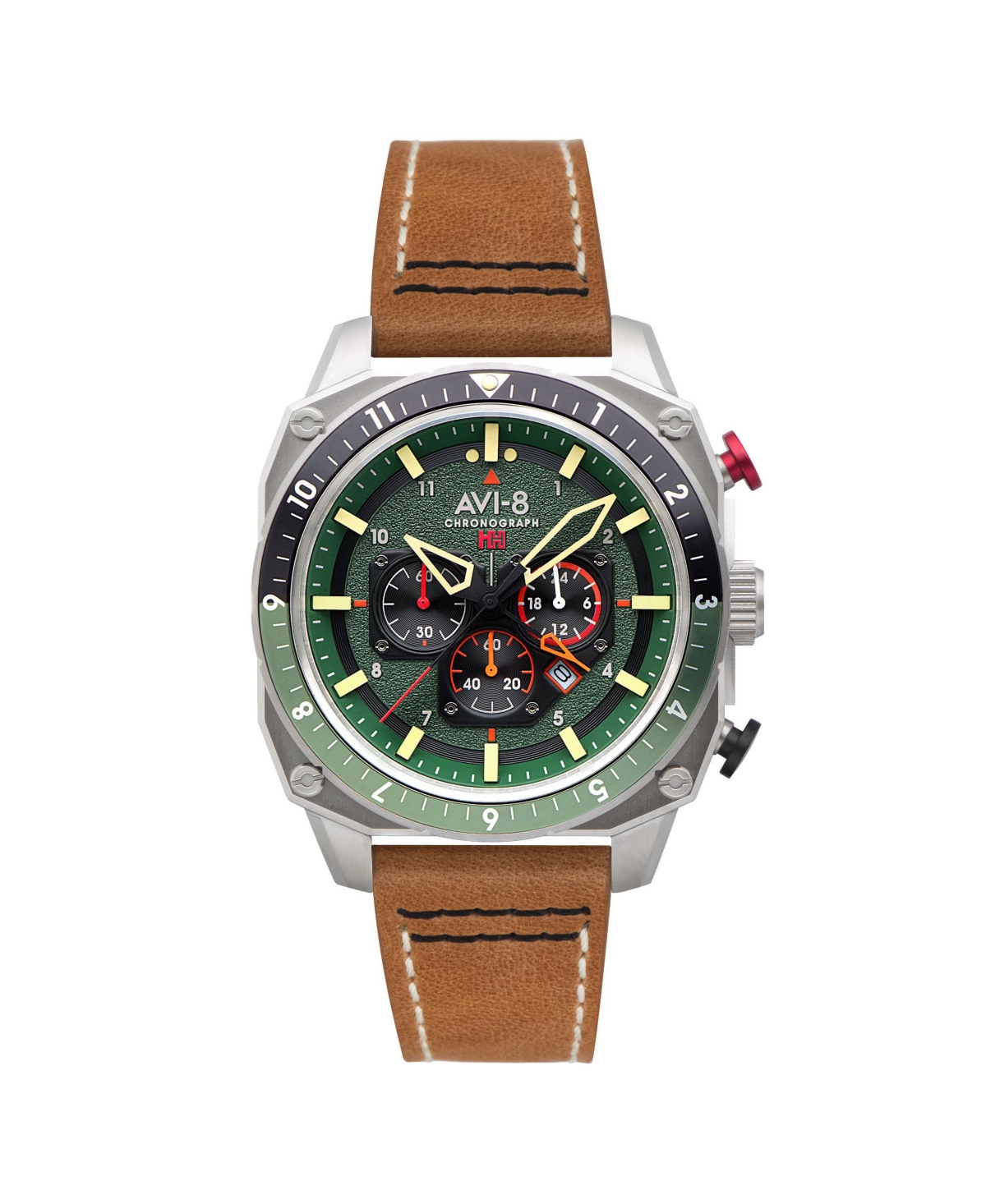 Men's Hawker Hunter Atlas Dual-Time Chronograph Brown Leather Strap Watch, 43mm - Green