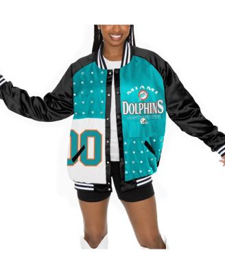 Women's Black/Aqua Miami Dolphins Oversized Hot Shot Rhinestone Throwback Full-Snap Varsity Bomber Jacket