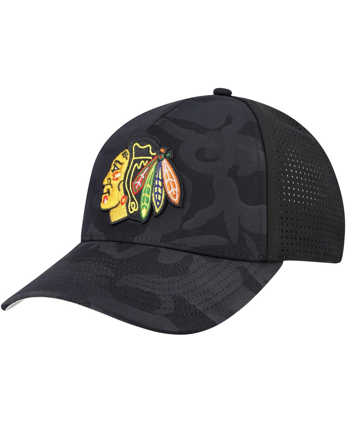 AMERICAN NEEDLE MEN'S BLACK CHICAGO BLACKHAWKS VALIN CAMO SUPER TECH VENTED ADJUSTABLE HAT 