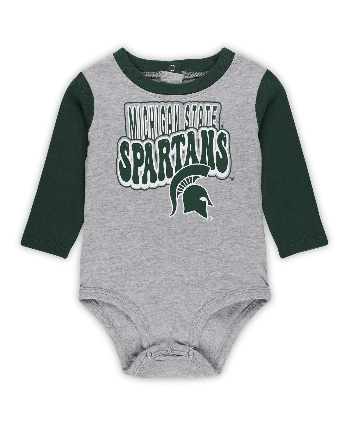 Outerstuff Baby Boys And Girls Michigan State Spartans Double Up Long Sleeve Bodysuit Pant Set, 2-piece In Heather Gray,green