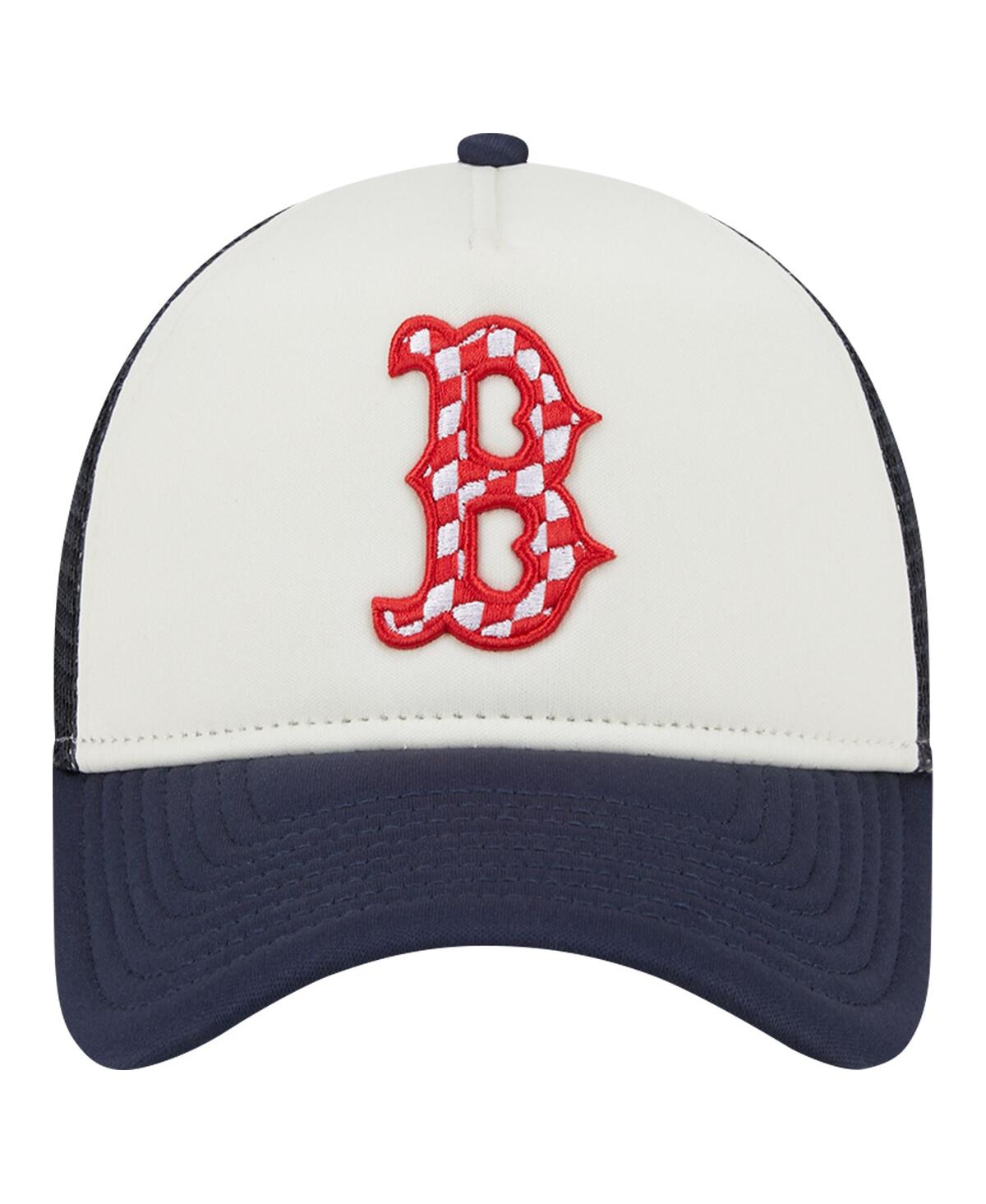 NEW ERA MEN'S WHITE/NAVY BOSTON RED SOX CHECKERED FLAG A-FRAME TRUCKER 9FORTY ADJUSTABLE HAT 