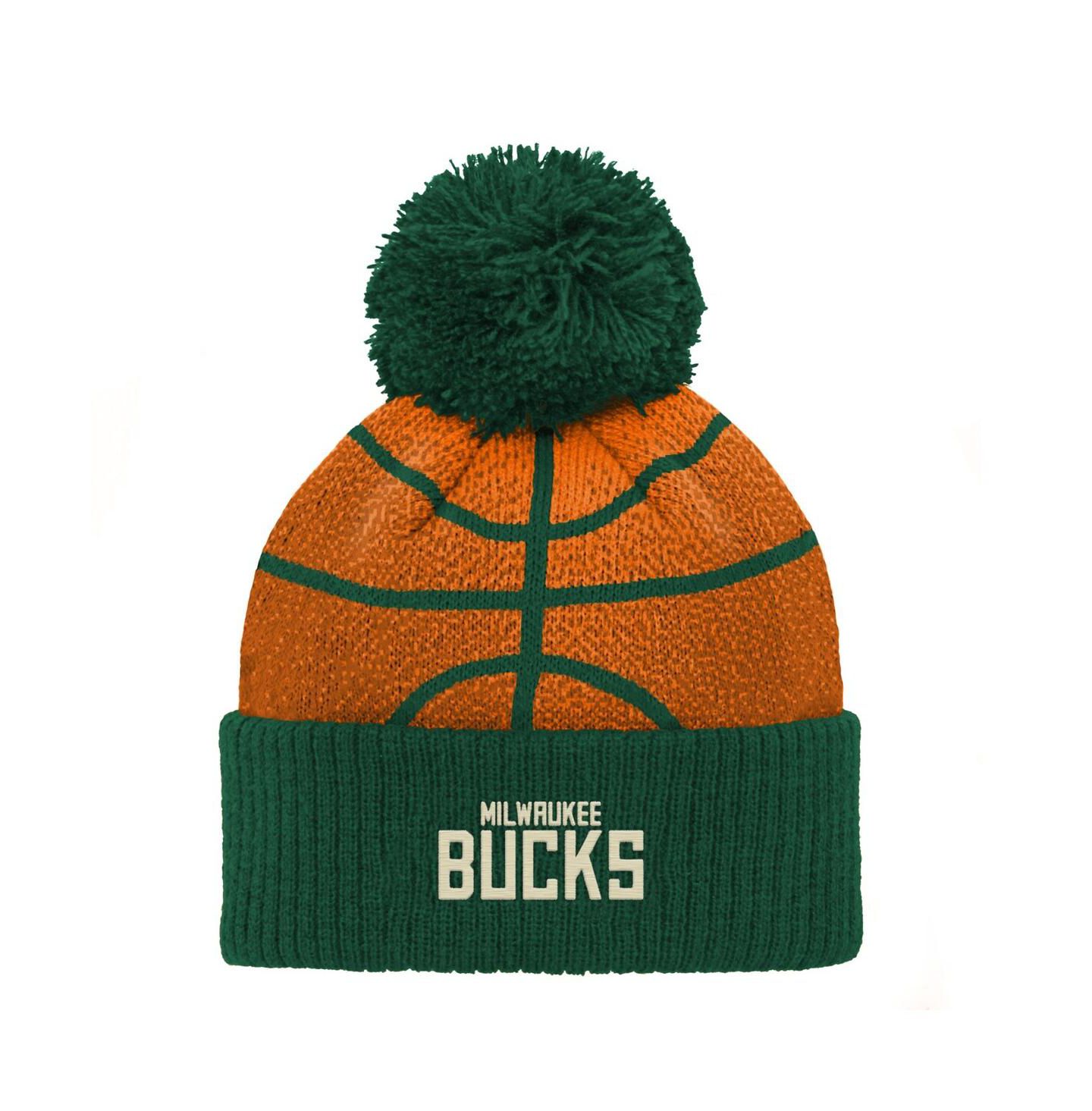 Детская шапка Outerstuff Preschool Hunter Green Milwaukee Bucks Basketball Head Cuffed with Pom Knit Hat — фото 2