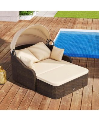 Patio PE Rattan Daybed with Retractable Canopy Soft Cushions and Extra Pillows