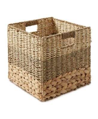 10.5" x 10.5" Mixed Weave Storage Baskets, Natural - Set of 6 Collapsible Cubes, Woven Bin Organizers for Bathroom, Bedroom, Laundry
