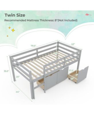 Low Loft Bed with 3 Drawers with Ladder and Full-length Guardrails