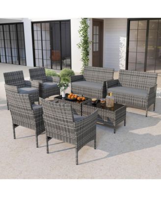 8 PCS Patio Furniture Set with Washable Cushions and Tempered Glass Coffee Table