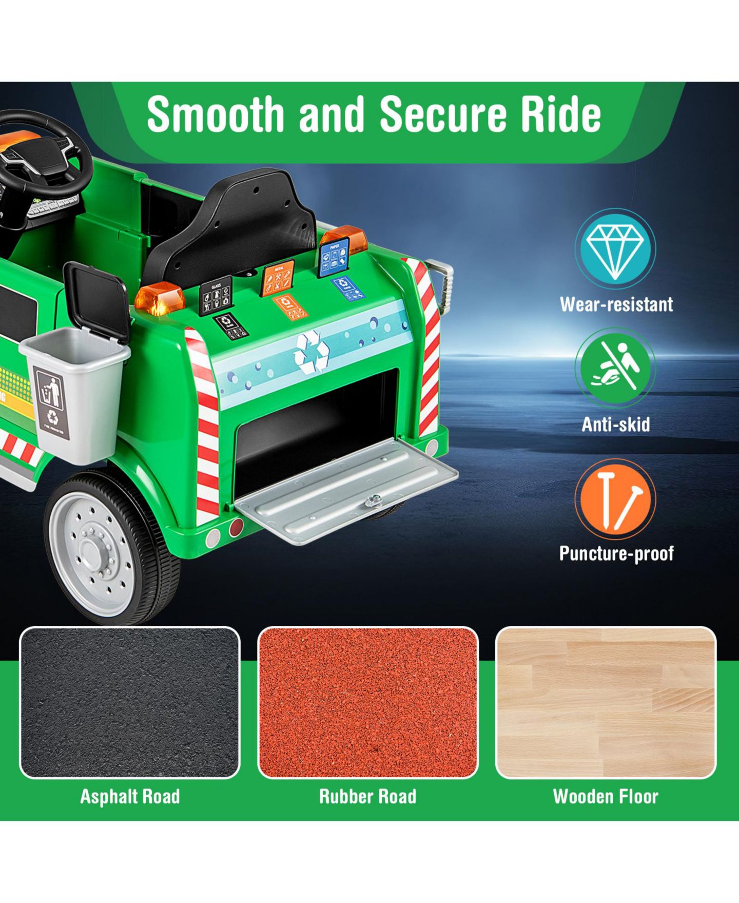 Детская игрушка Slickblue 12V Battery Powered Electric Vehicle with Remote Control and Trash Bin, цвет: Зелёный — фото 8