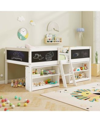 Twin Size Low Loft Bed with Ramp Ladder & Bookcases Full-length Safety Guardrail