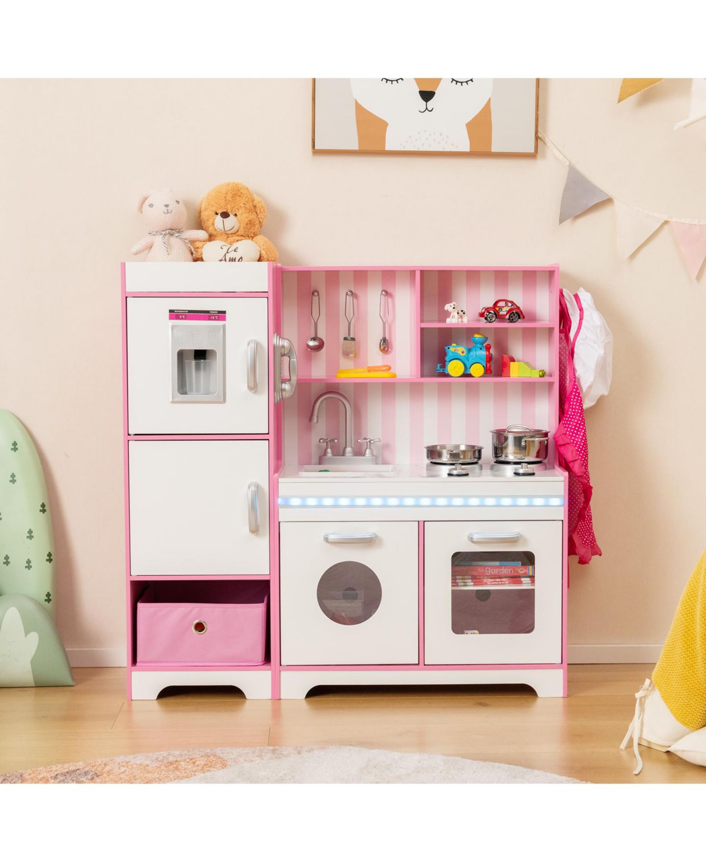 Детский игровой набор Slickblue Adjustable LED Lights & Washing Machine Kitchen Playset, Ages 3-7, цвет: Белый / Розовый — фото 6