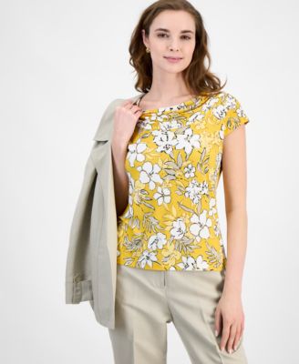 Kasper Women's Floral-Print Cowlneck Cap-Sleeve Top