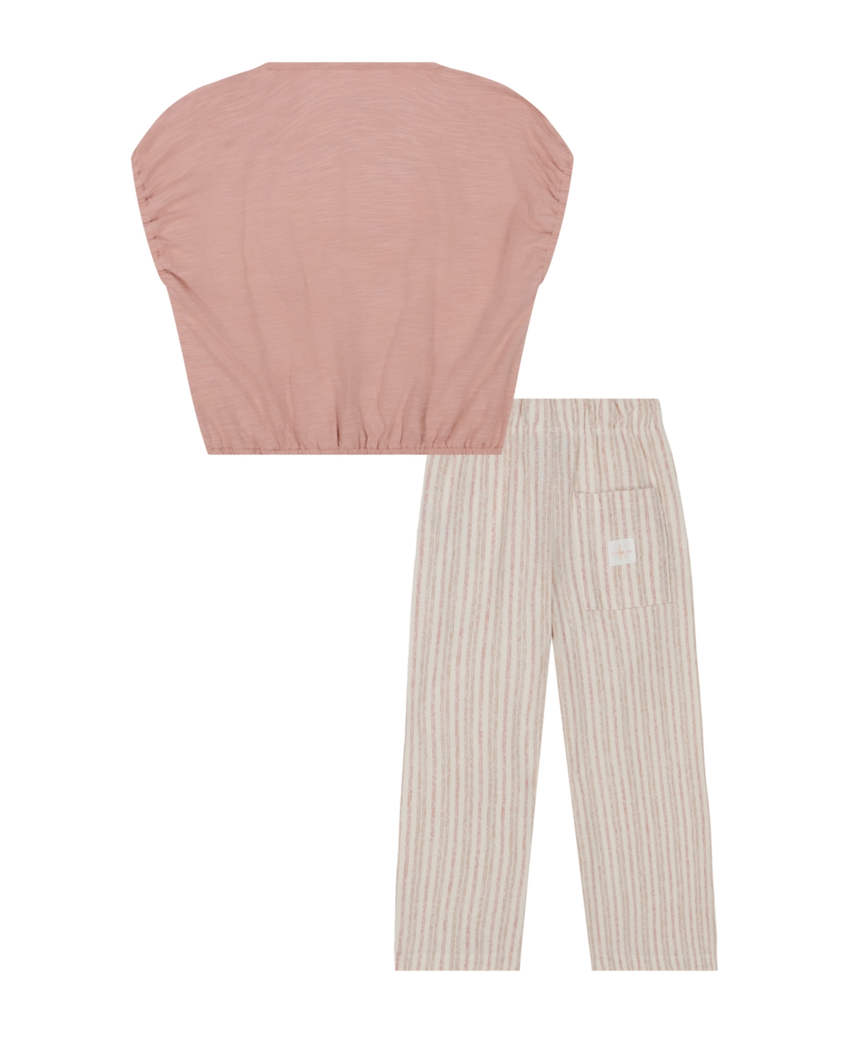 CALVIN KLEIN TODDLER AND LITTLE GIRLS 2-PIECE SLUB JERSEY ELASTICIZED T-SHIRT REVERSE TERRY STRIPED PANT 